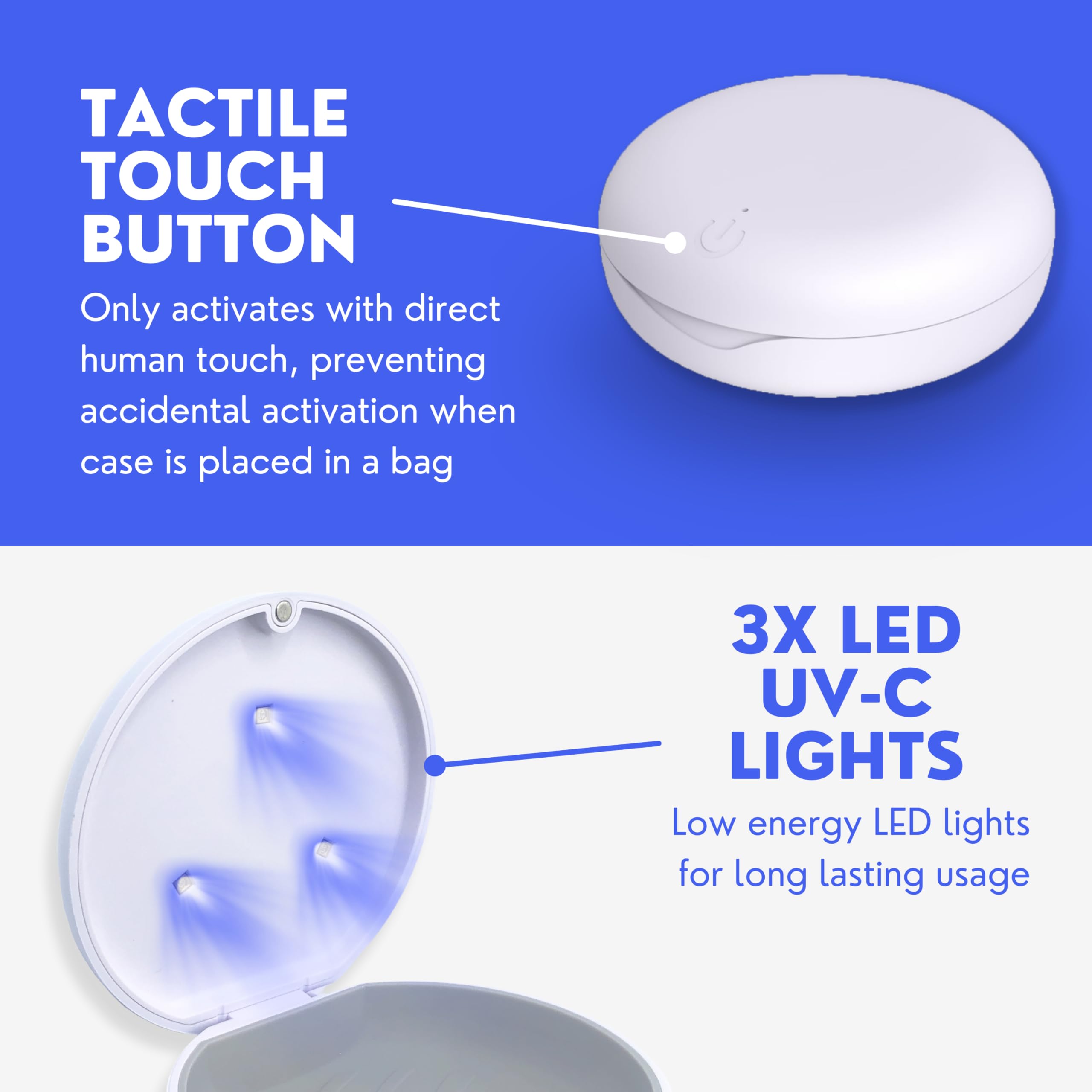 Close-up of three UV lights inside Hello Bright case