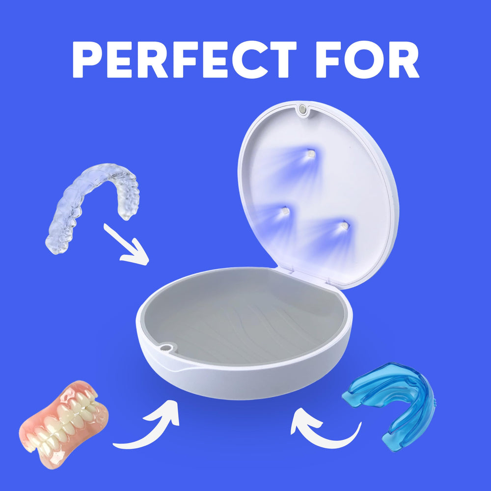 Hello Bright UV retainer case with packaging and lifestyle use