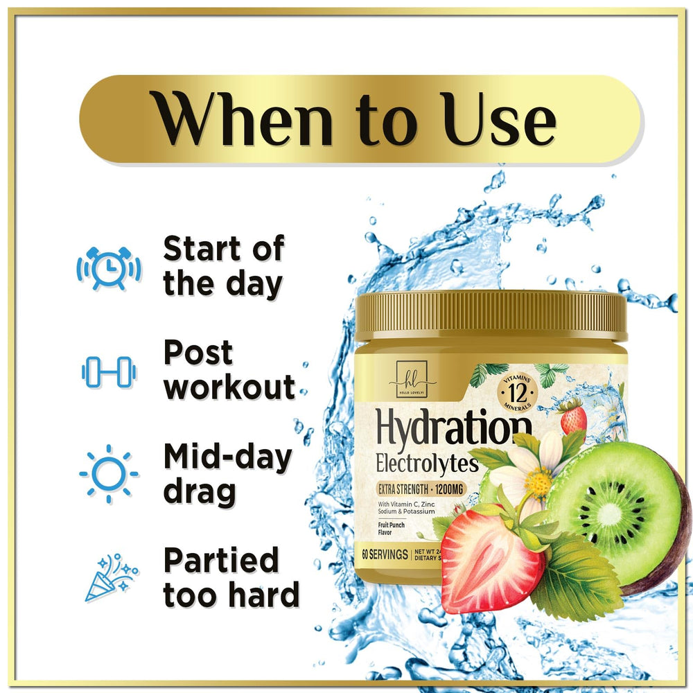 Hello Lovely Hydration ingredient icons show vegan non-GMO sugar-free attributes