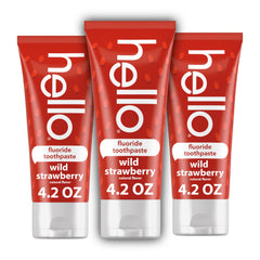 Three 4.2 oz tubes of Hello Wild Strawberry Kids Toothpaste with Fluoride