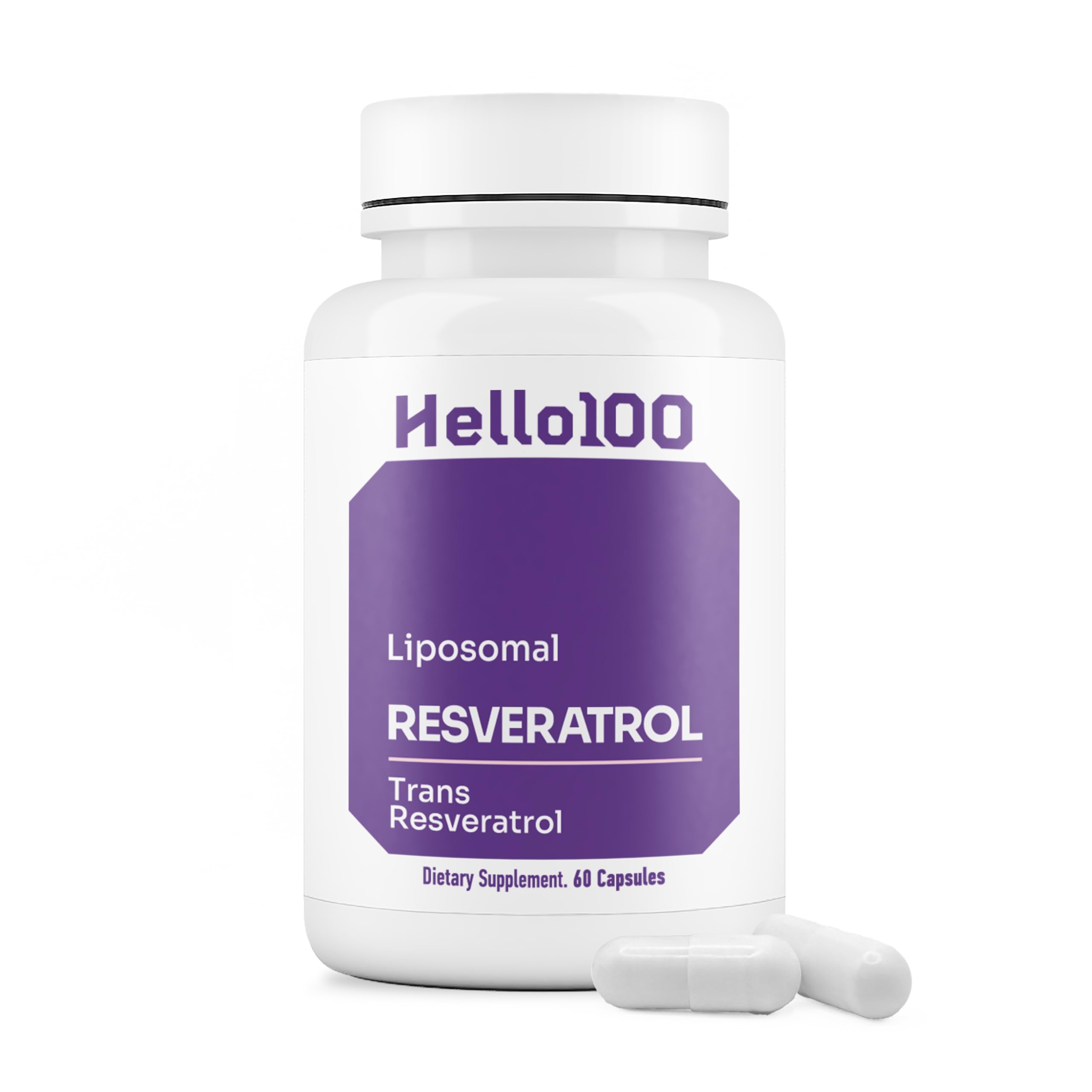Bottle of HELLO100 Liposomal Trans-Resveratrol 250mg capsules