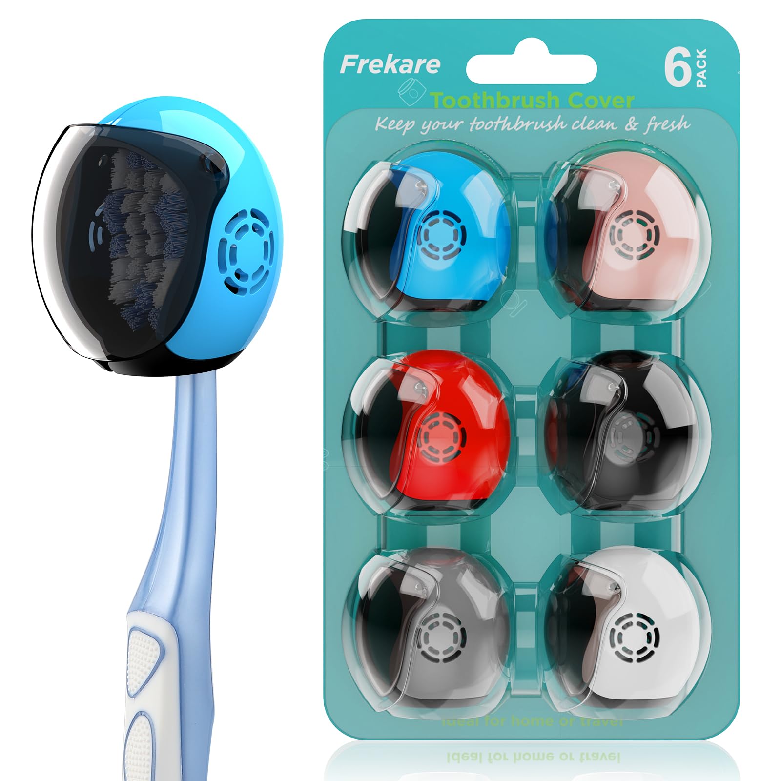 Helmet toothbrush covers set in black, white, grey, blue, pink, and red