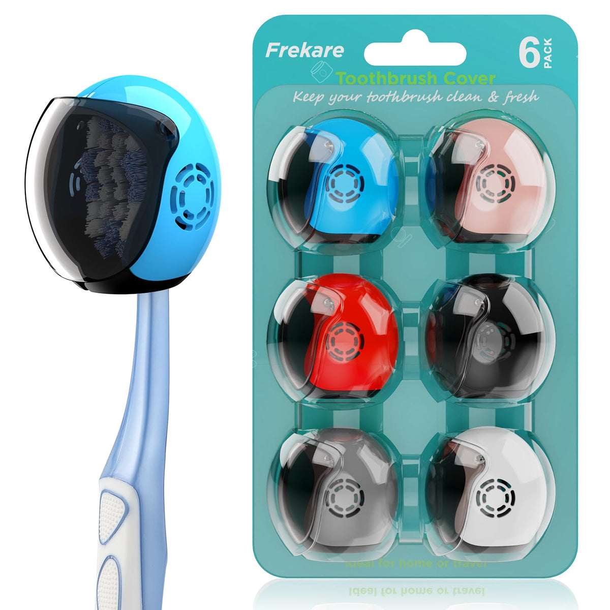 Helmet toothbrush covers set in black, white, grey, blue, pink, and red