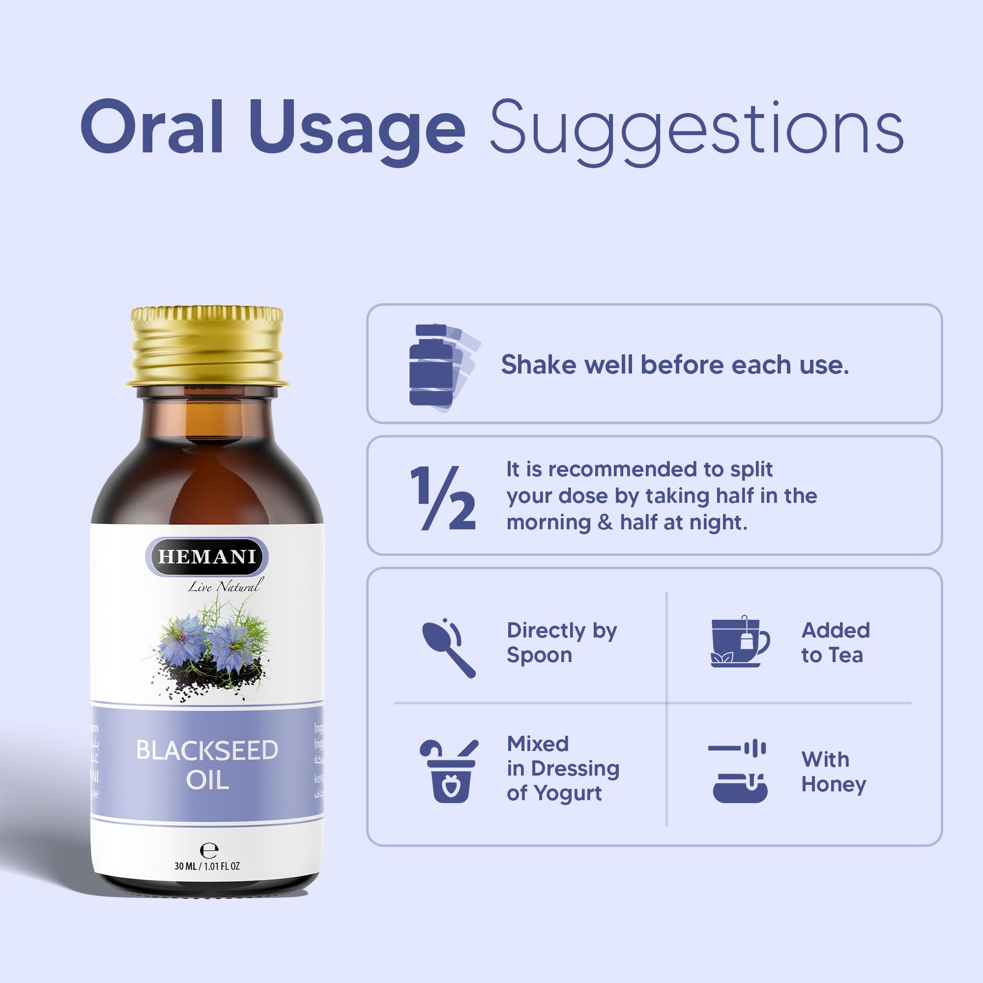 Amber bottle of Hemani Black Seed Oil 30ml