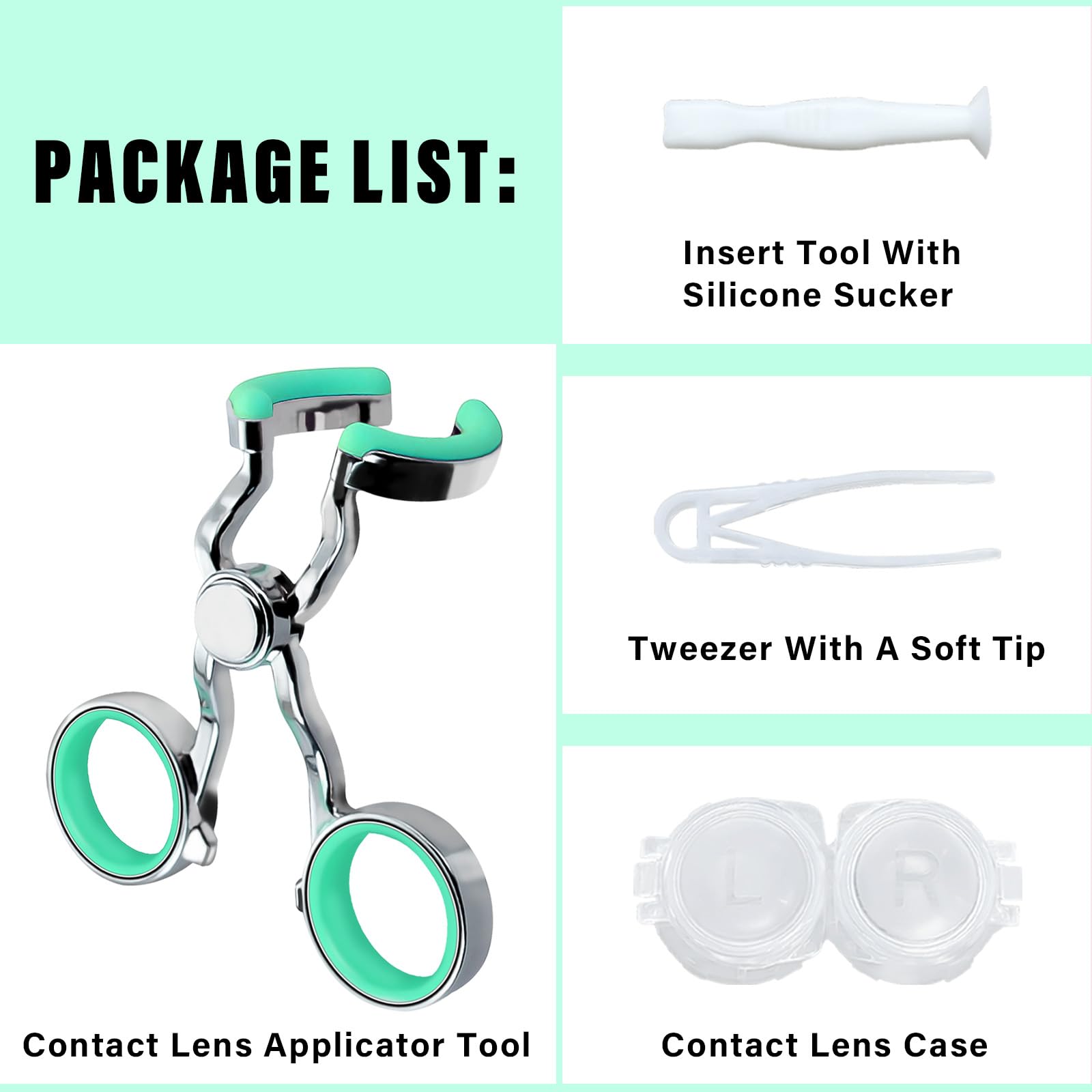 All accessories shown: applicator, tweezers, insertion tool