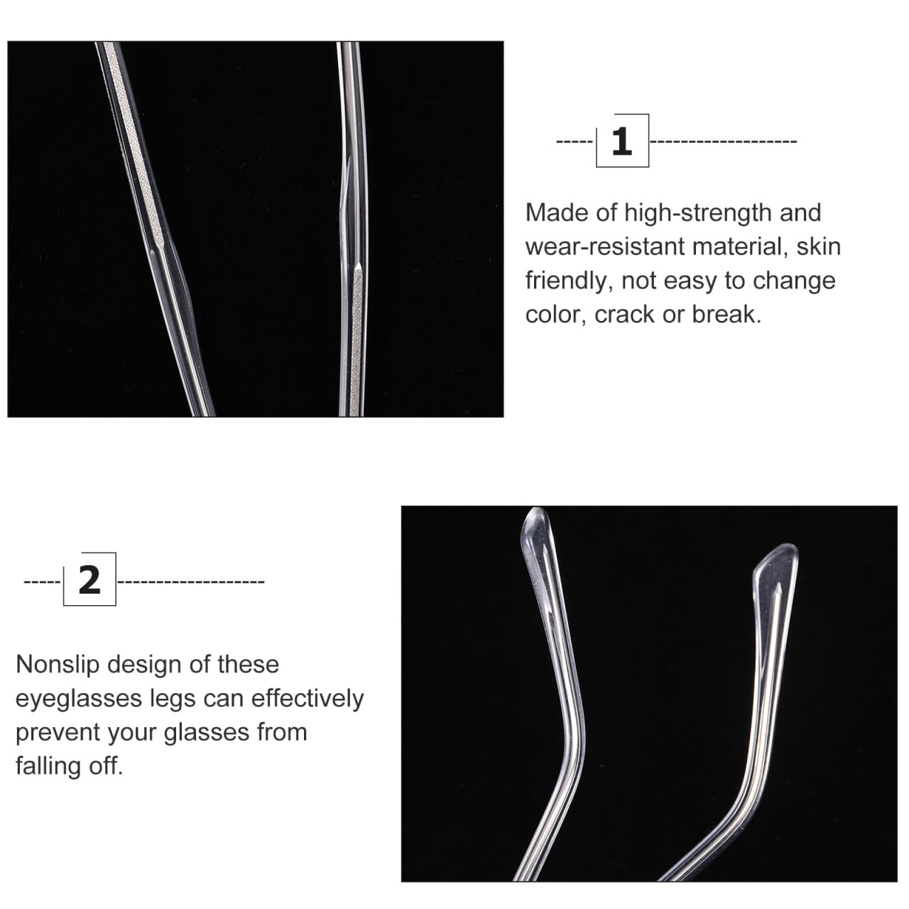 Transparent replacement arms mounted on eyeglasses