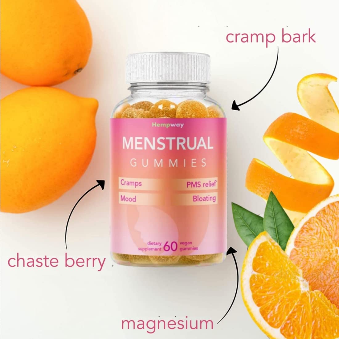 HEMPWAY menstrual gummies orange 60 count bottle side view