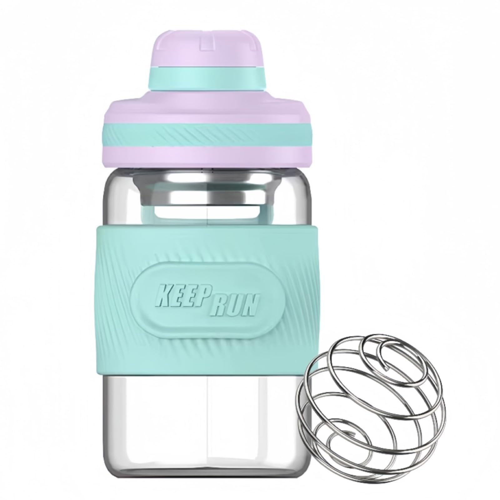 HENGFEI glass shaker bottle 12oz with lilac-cyan chug lid for secure portable hydration.