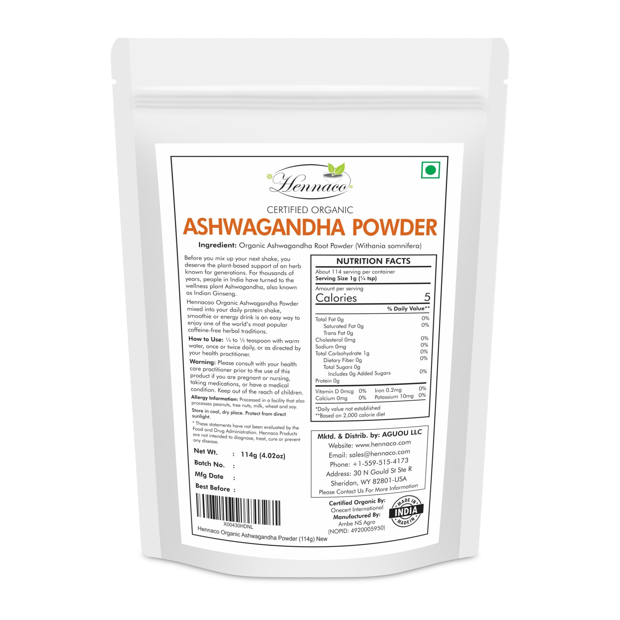 Ingredients and nutritional information for hennaco Ashwagandha Powder