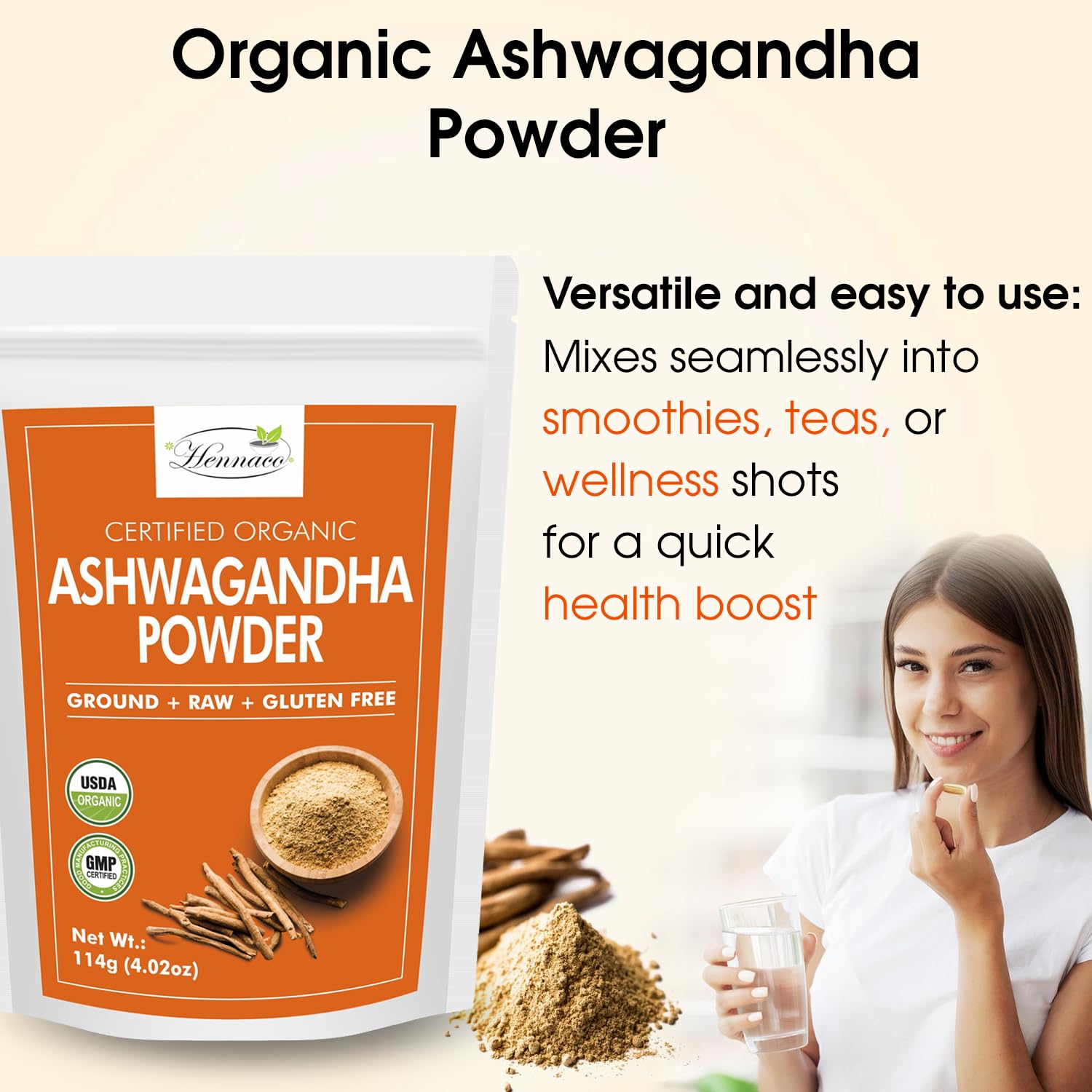Hennaco Ashwagandha Powder resealable pouch packaging