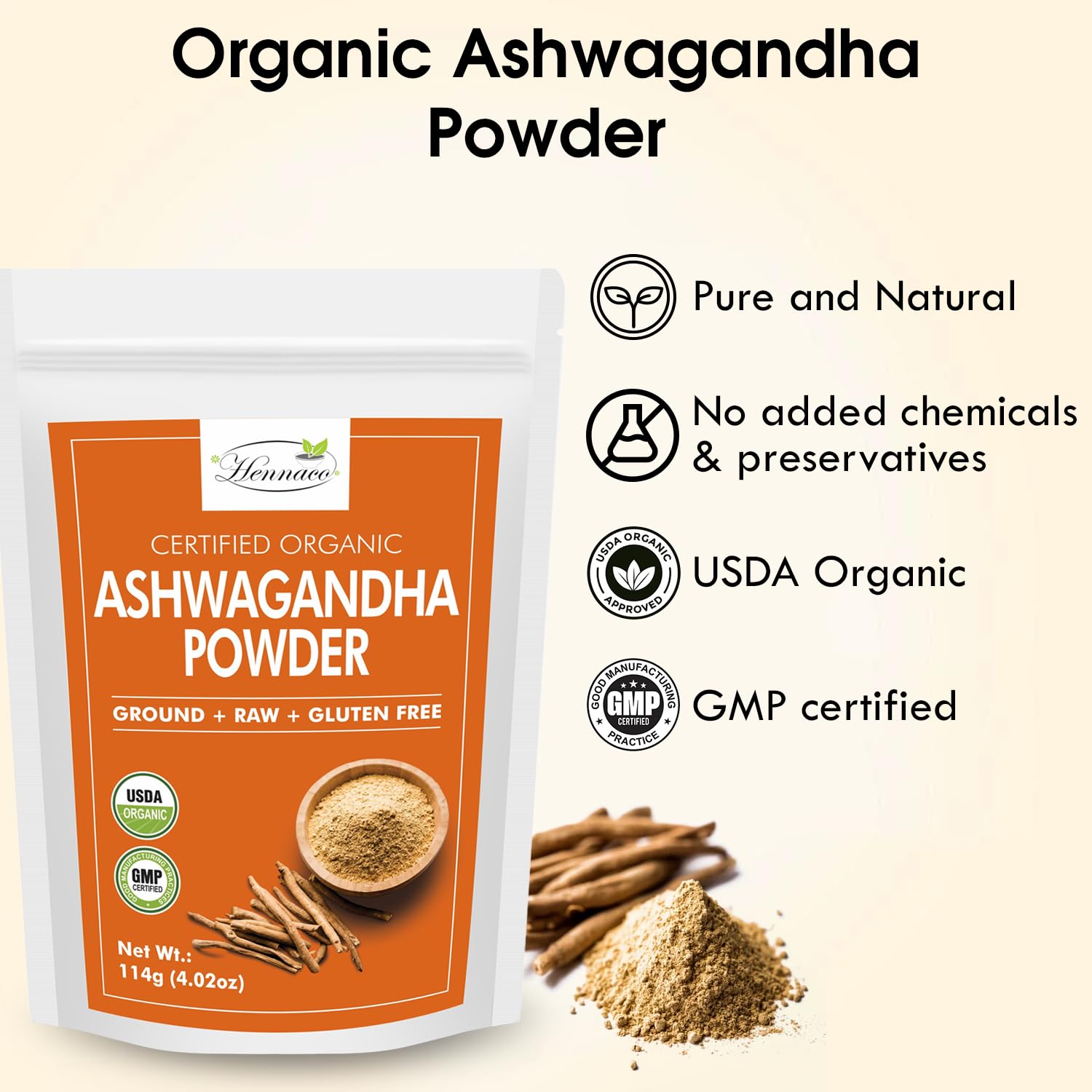 Back packaging of hennaco Ashwagandha Powder showing labels