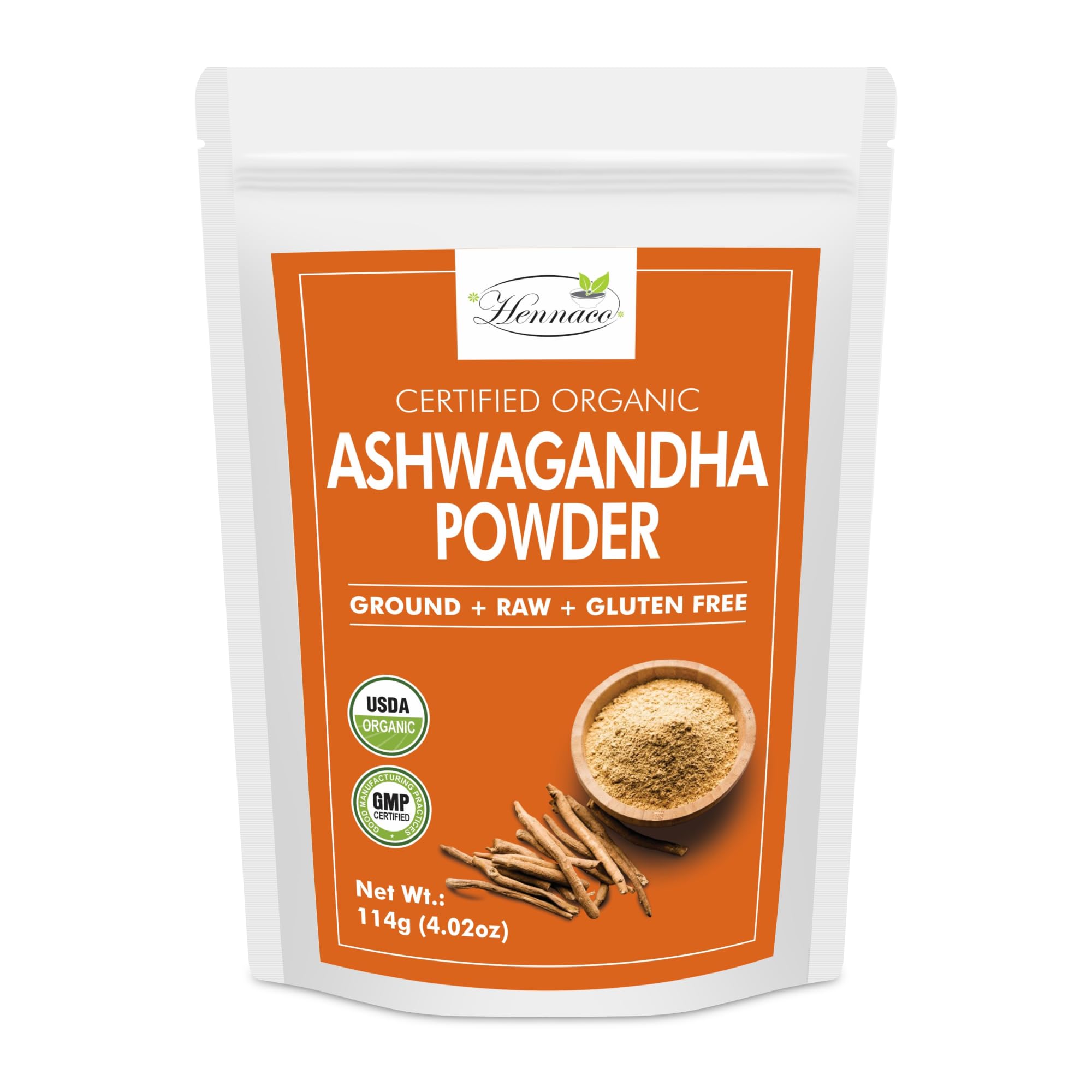 Front view of hennaco Organic Ashwagandha Powder in resealable pouch