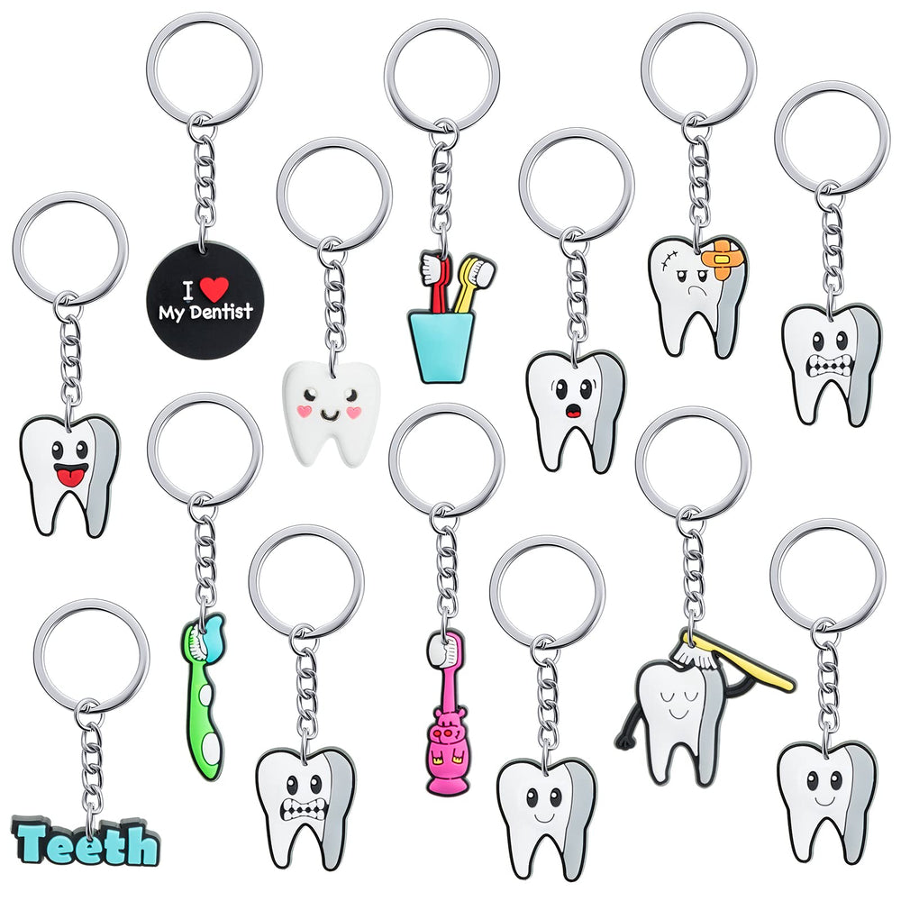 Assorted tooth-shaped keychains in 12 styles (36 pieces total)