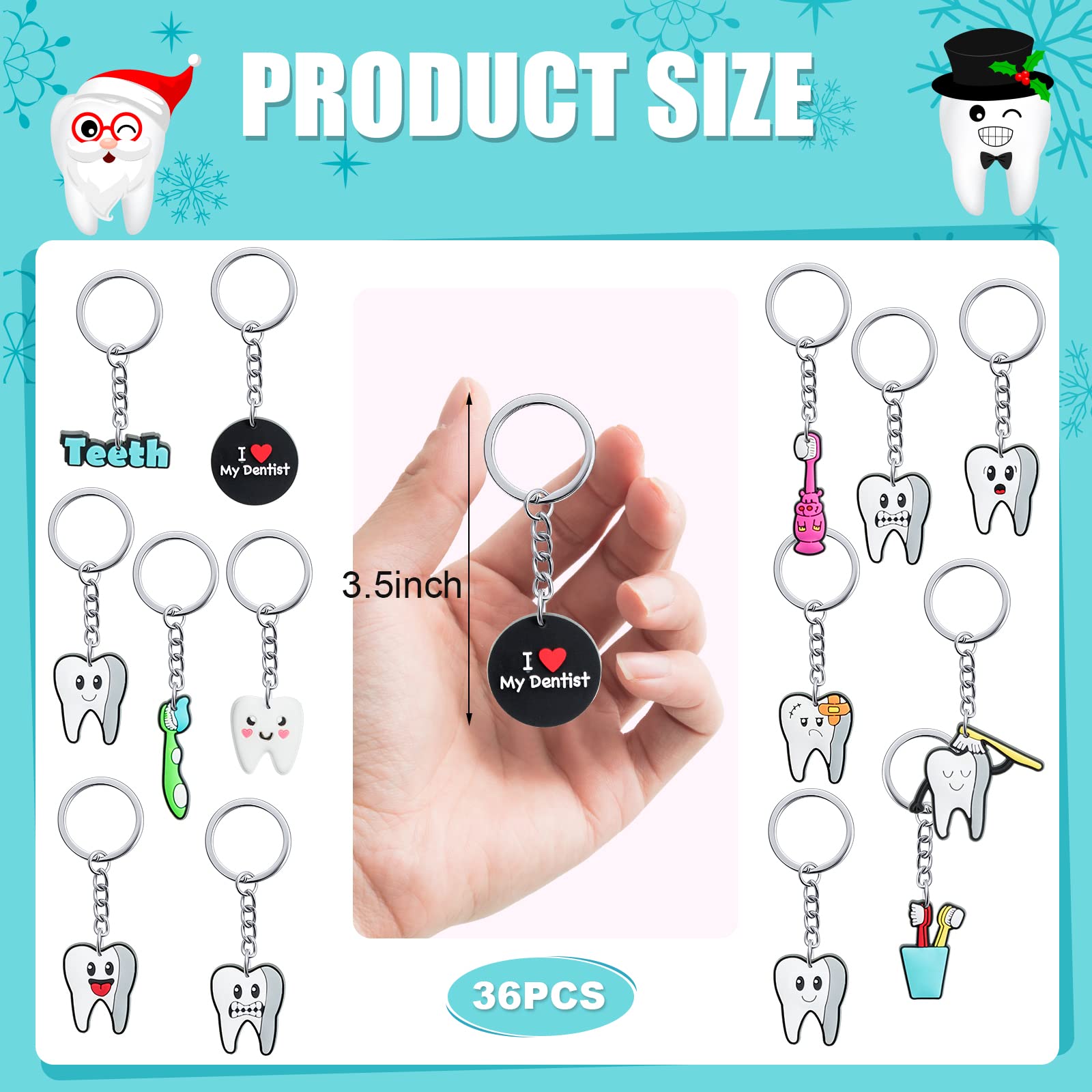 Tooth and toothbrush themed keychains displayed together