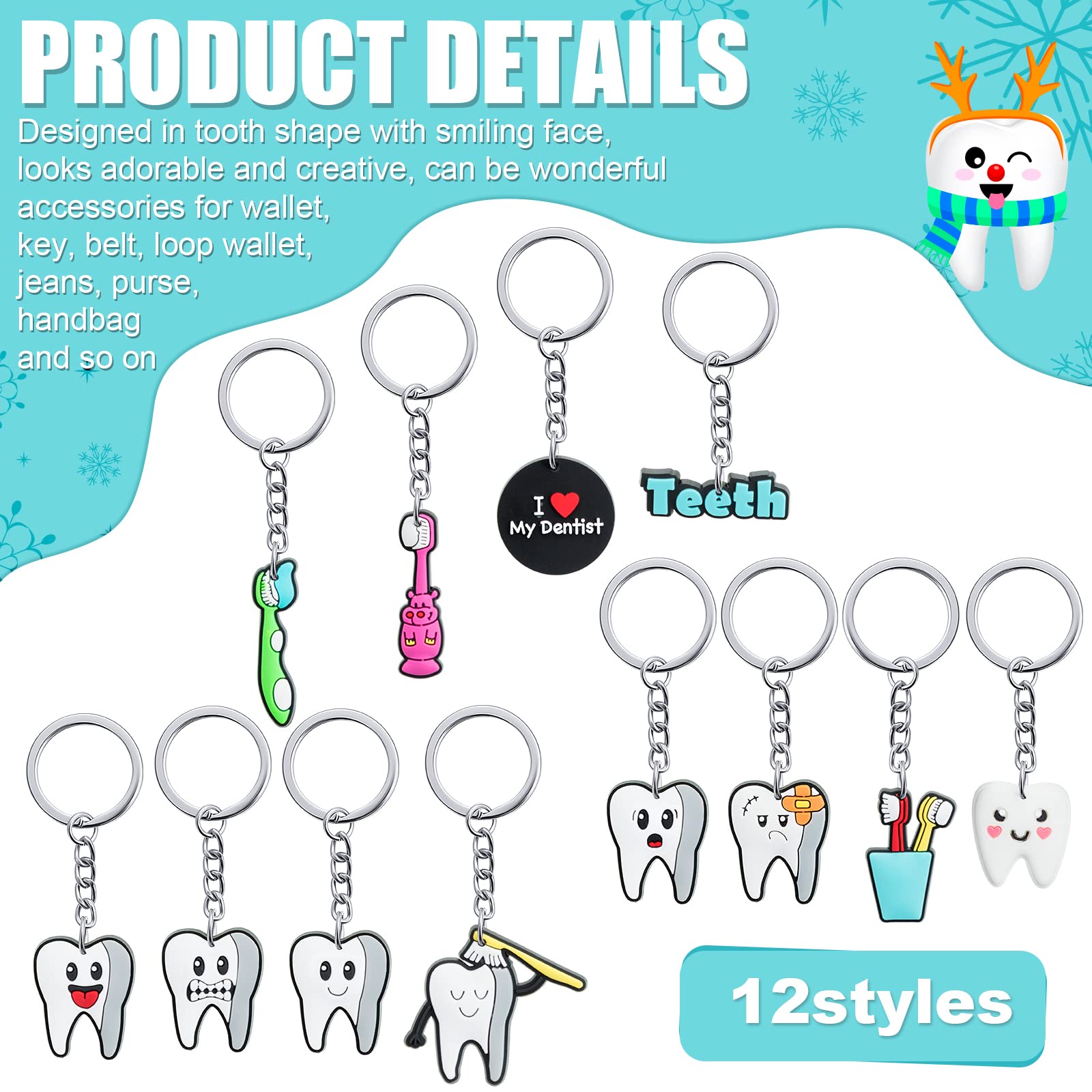 36-piece tooth-shaped keychain set showcased