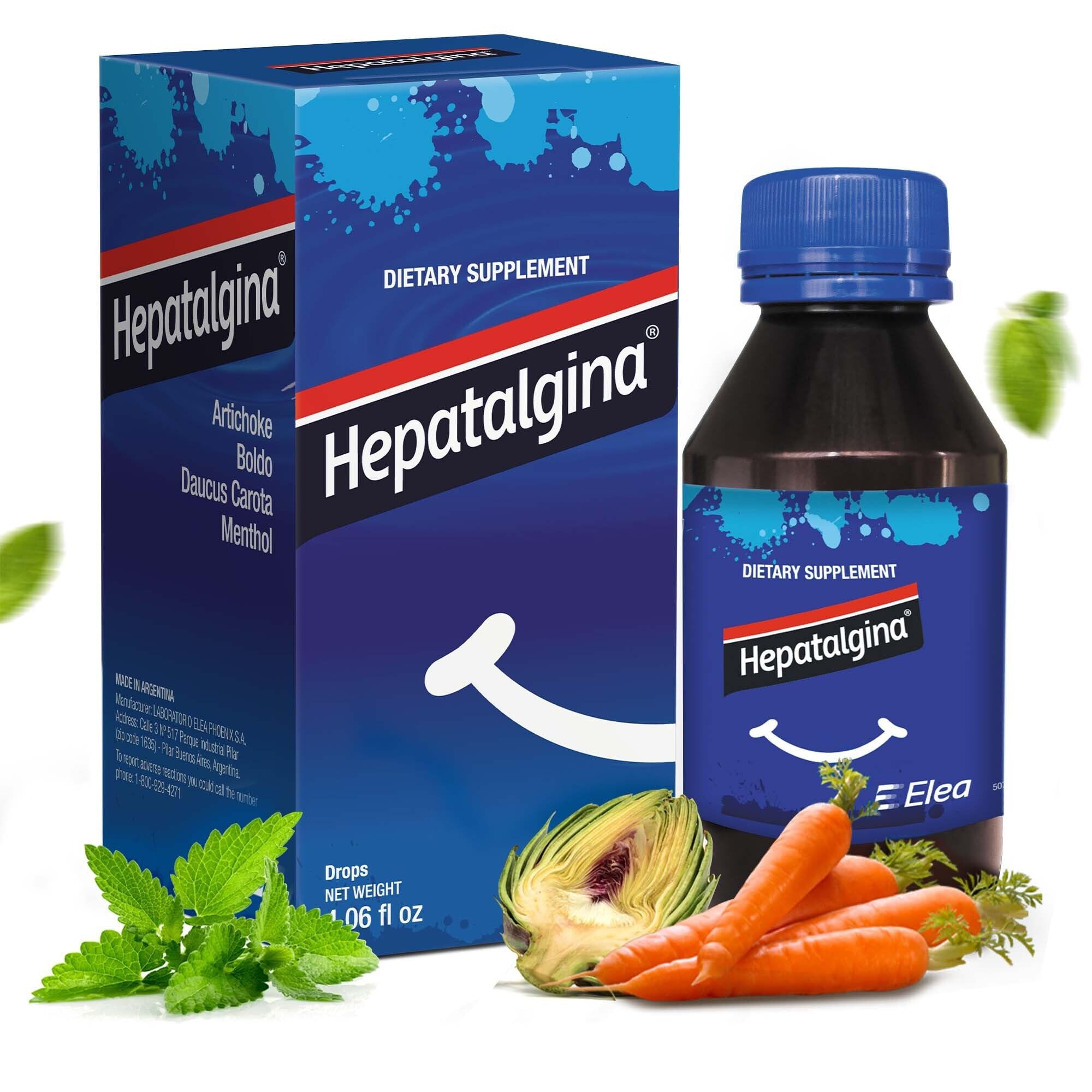 Hepatalgina liver-support drops bottle for convenient post-meal digestion support.