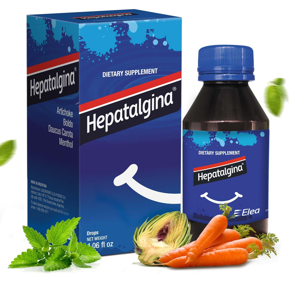 Hepatalgina liver-support drops bottle for convenient post-meal digestion support.