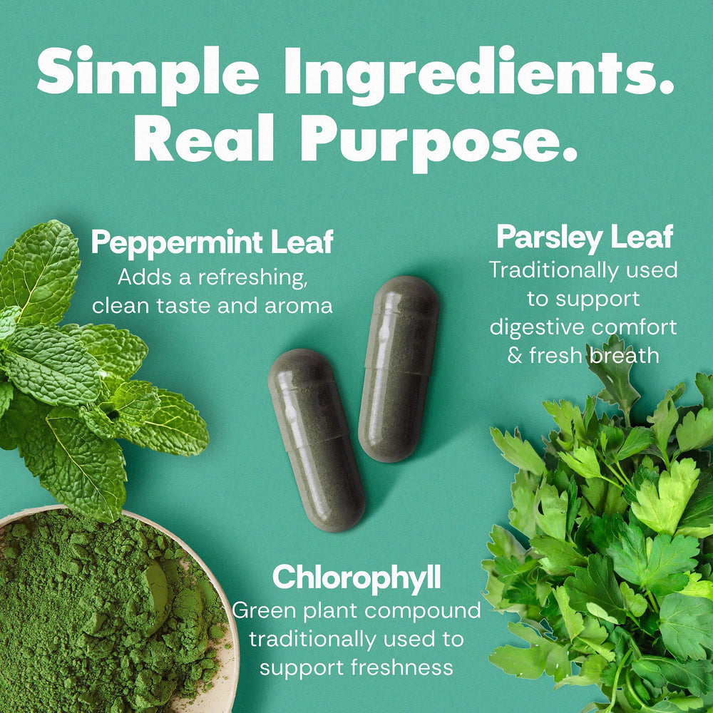 Her Fantasy Box Body Magic capsules closeup emphasizing chlorophyll benefits for digestion