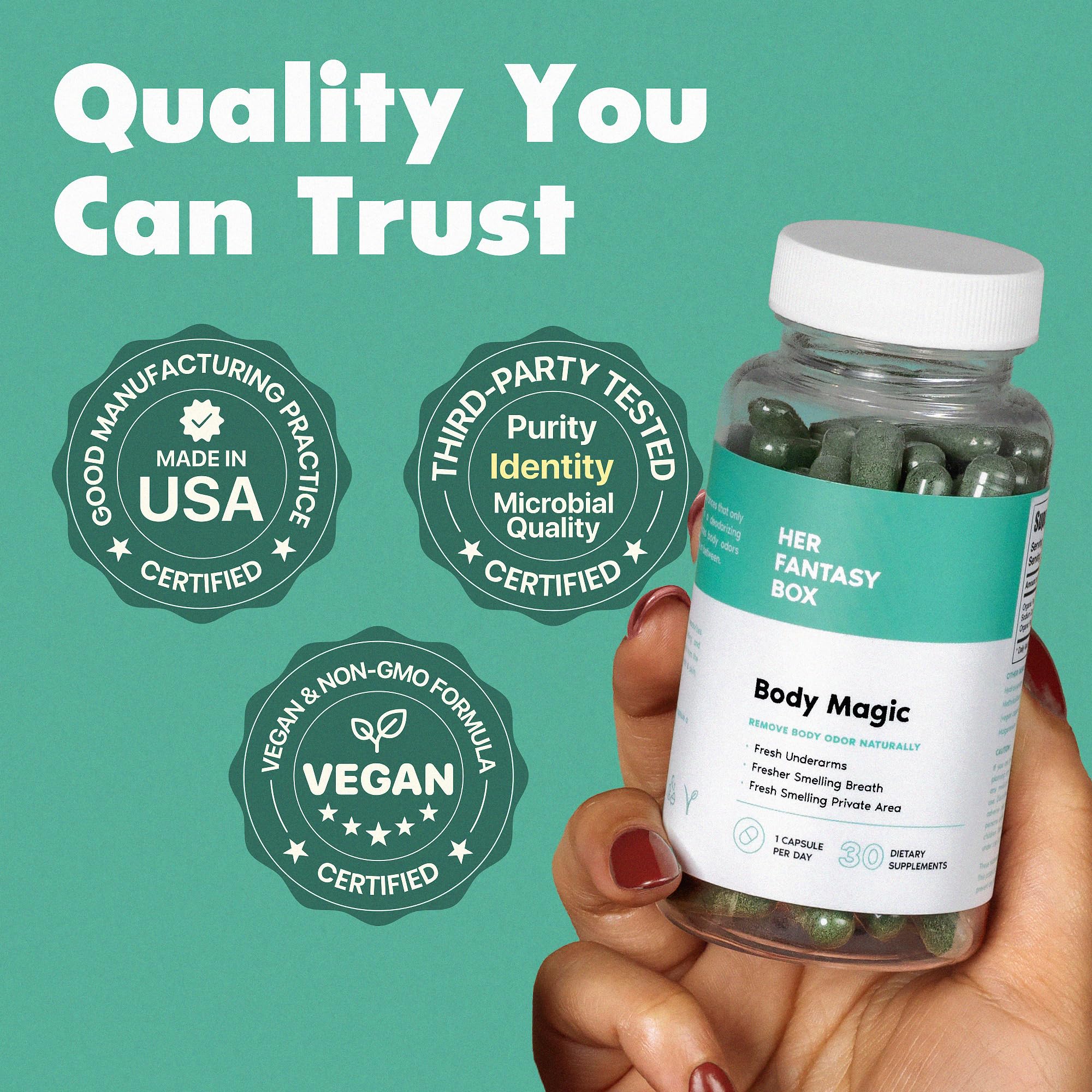 Her Fantasy Box Body Magic capsules in a pile, ready for a detox-friendly routine