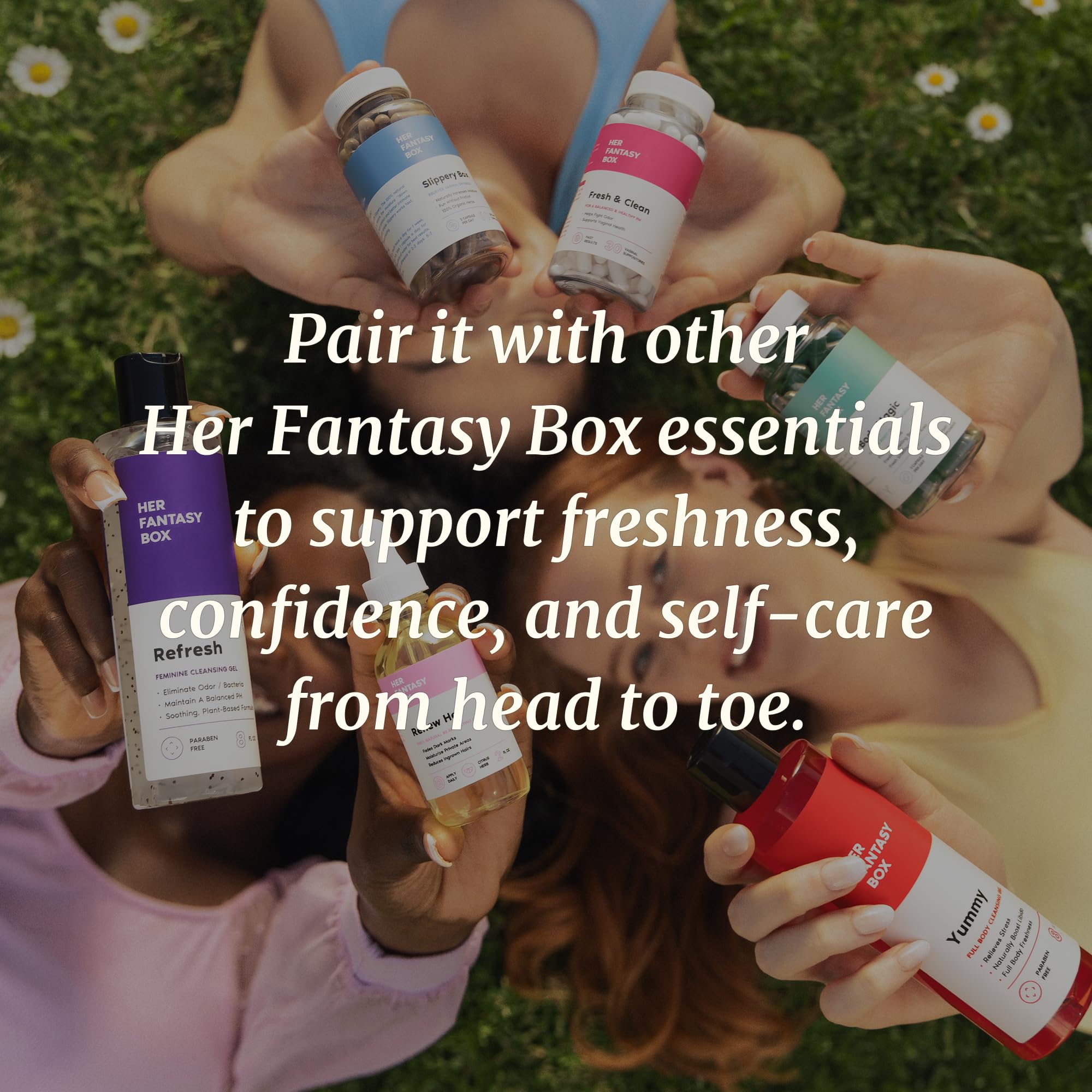 Her Fantasy Box Body Magic in-use display, promoting simple wellness habits