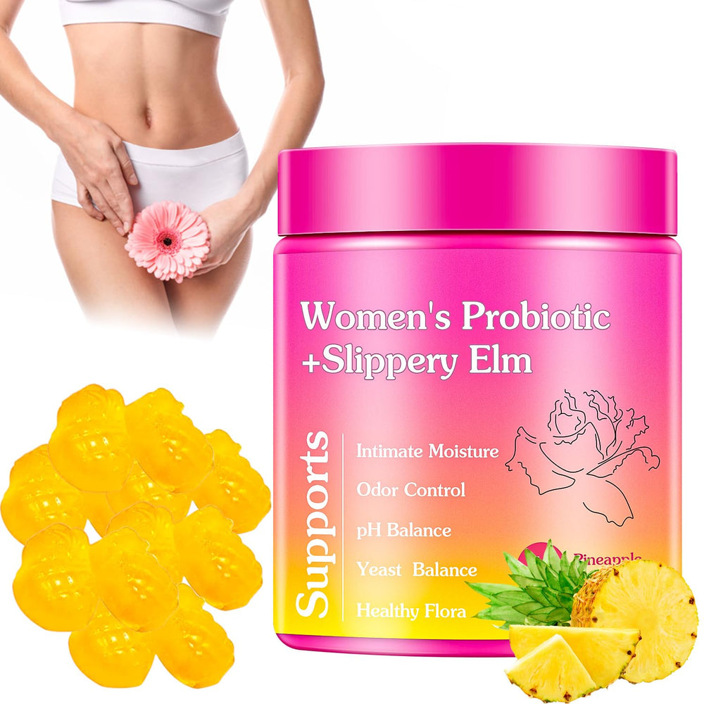 Crimson packaging featuring Her Juicy Premium Feminine Probiotics Gummies with pineapple flavor