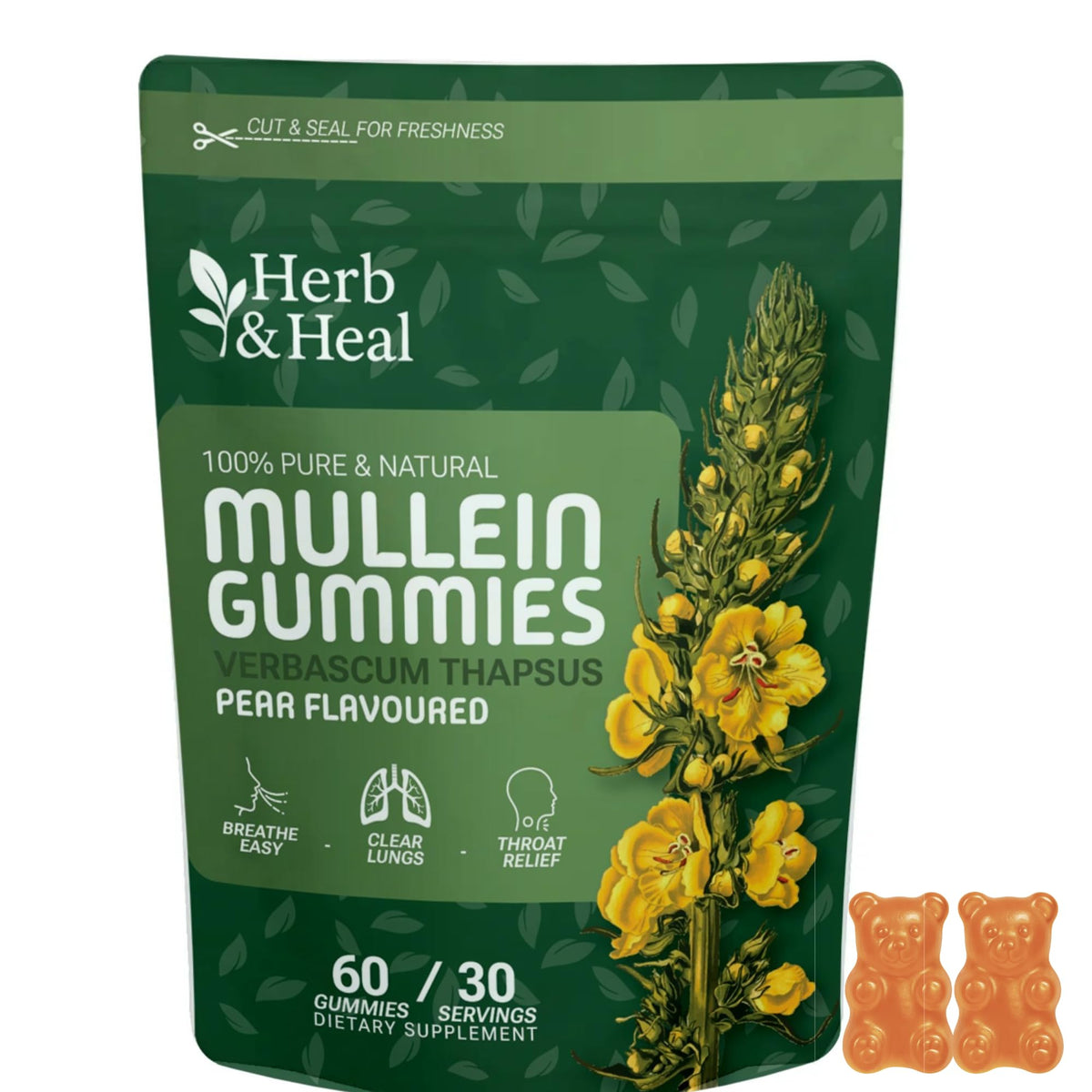 Bottle of Herb & Heal Mullein Gummies for lung health on a clean white background