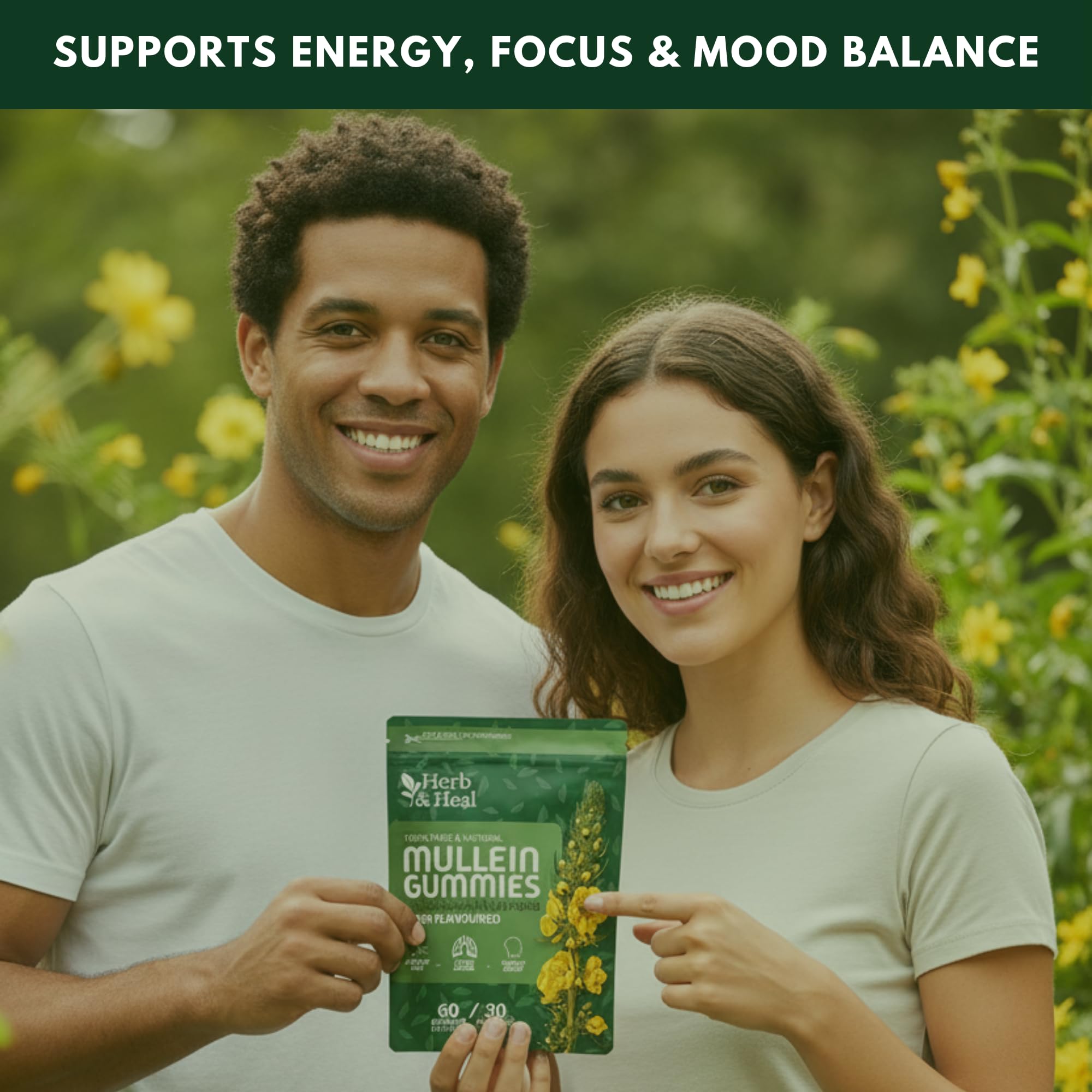 Gummy vitamins shown next to a fresh mullein leaf