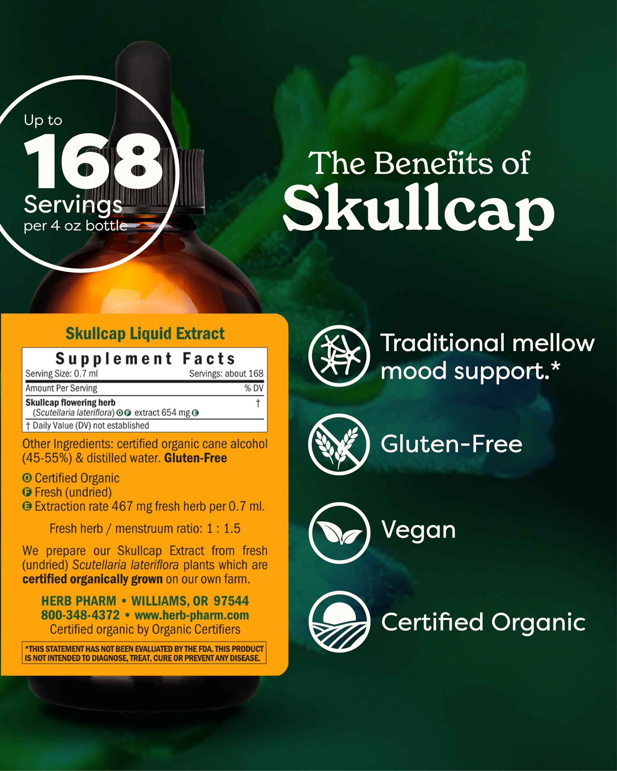 Close-up of Herb Pharm Skullcap label showing organic certification and fresh-plant origin.