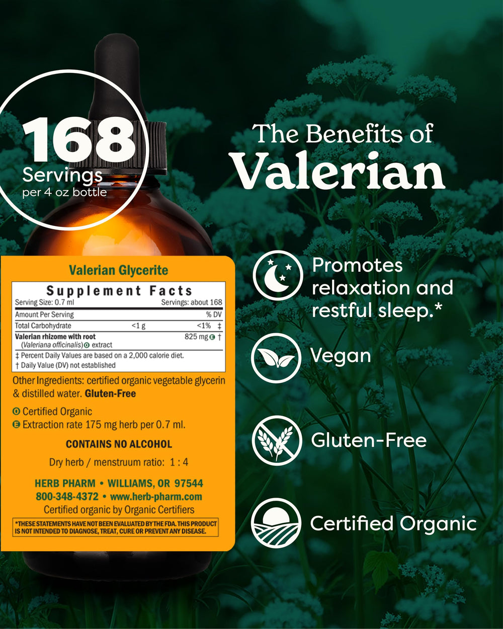 Valerian root liquid extract bottle label with organic certification