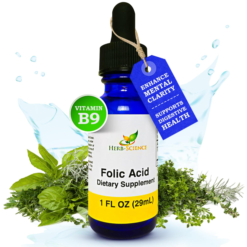 Bottle of Herb-Science Vitamin B9 folic acid drops with label
