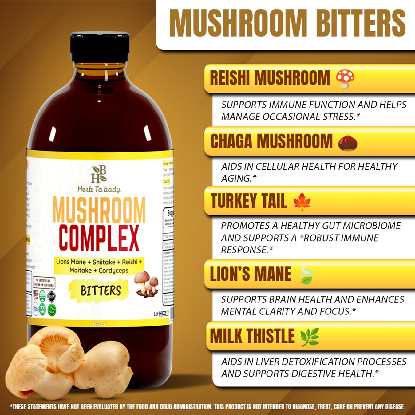 Herb To Body Mushroom Bitters close-up shows reishi and chaga ingredients.