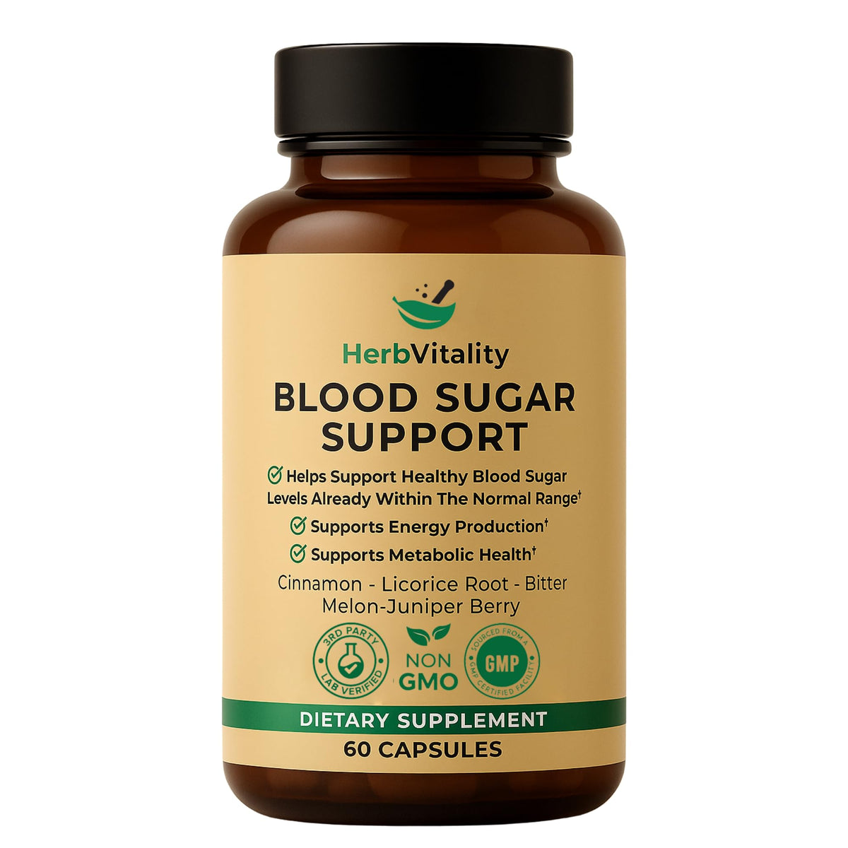 Bottle label of Herb Vitality Blood Sugar Support with Cinnamon, Bitter Melon, and Licorice Root Extract