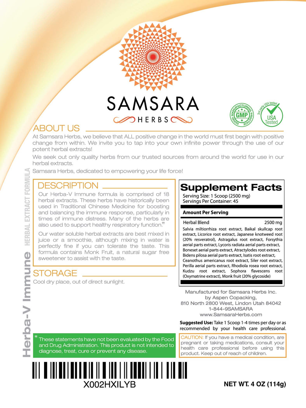 Front label of Herba-V Immune showing 4oz/114g