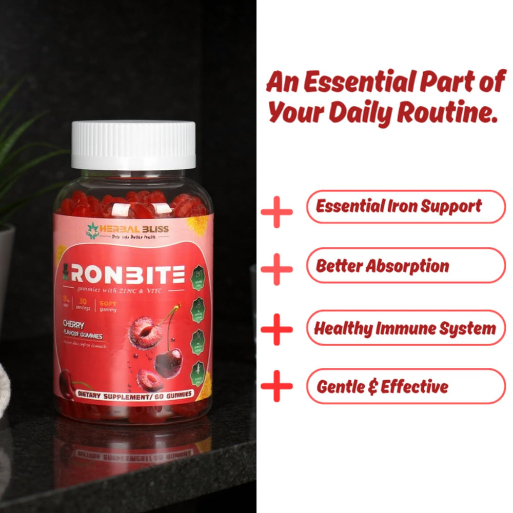 Close-up of Herbal Bliss Iron Gummies cherry flavor