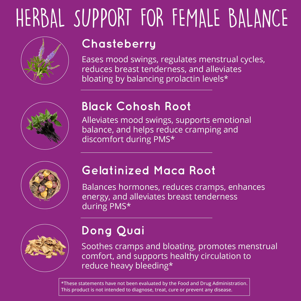 Herbal blend featuring chasteberry, dong quai, maca root, and black cohosh