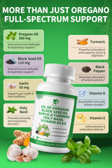Capsules and ingredients panel showing oregano, garlic, turmeric, holy basil