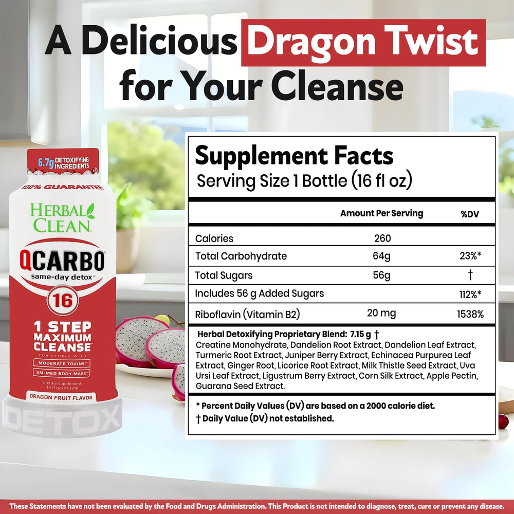 Herbal Clean Qcarbo16 drink pour highlights refreshing dragon fruit flavor for easy use.