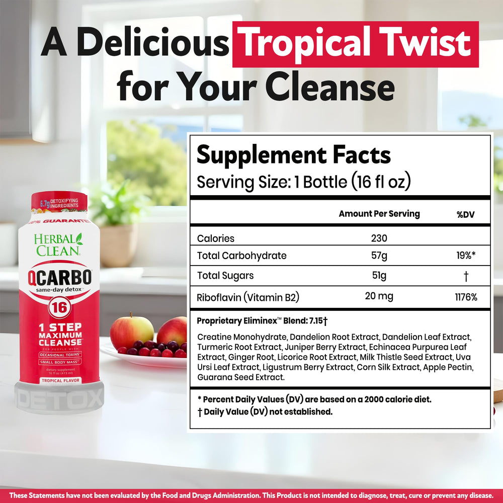 Herbal Clean Qcarbo16 tropical bottle back with ingredients and use guidance.