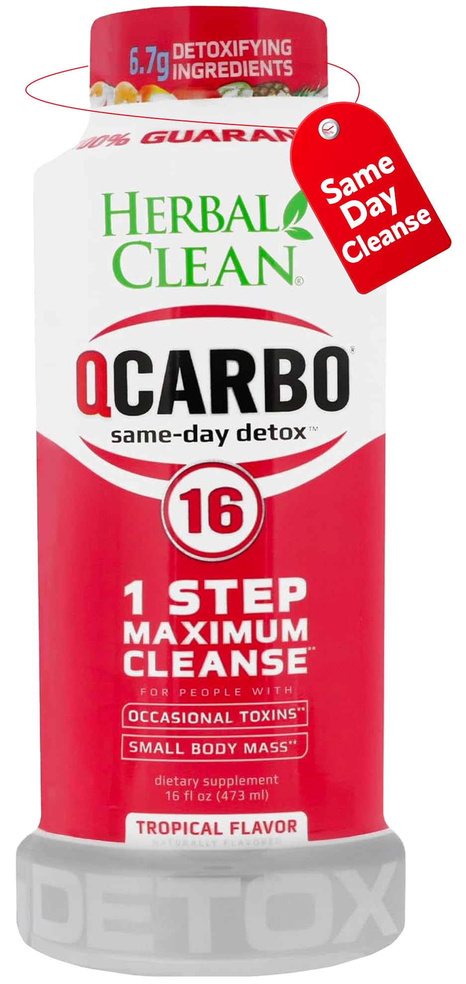 Herbal Clean Qcarbo16 tropical bottle front for quick detox during busy days.