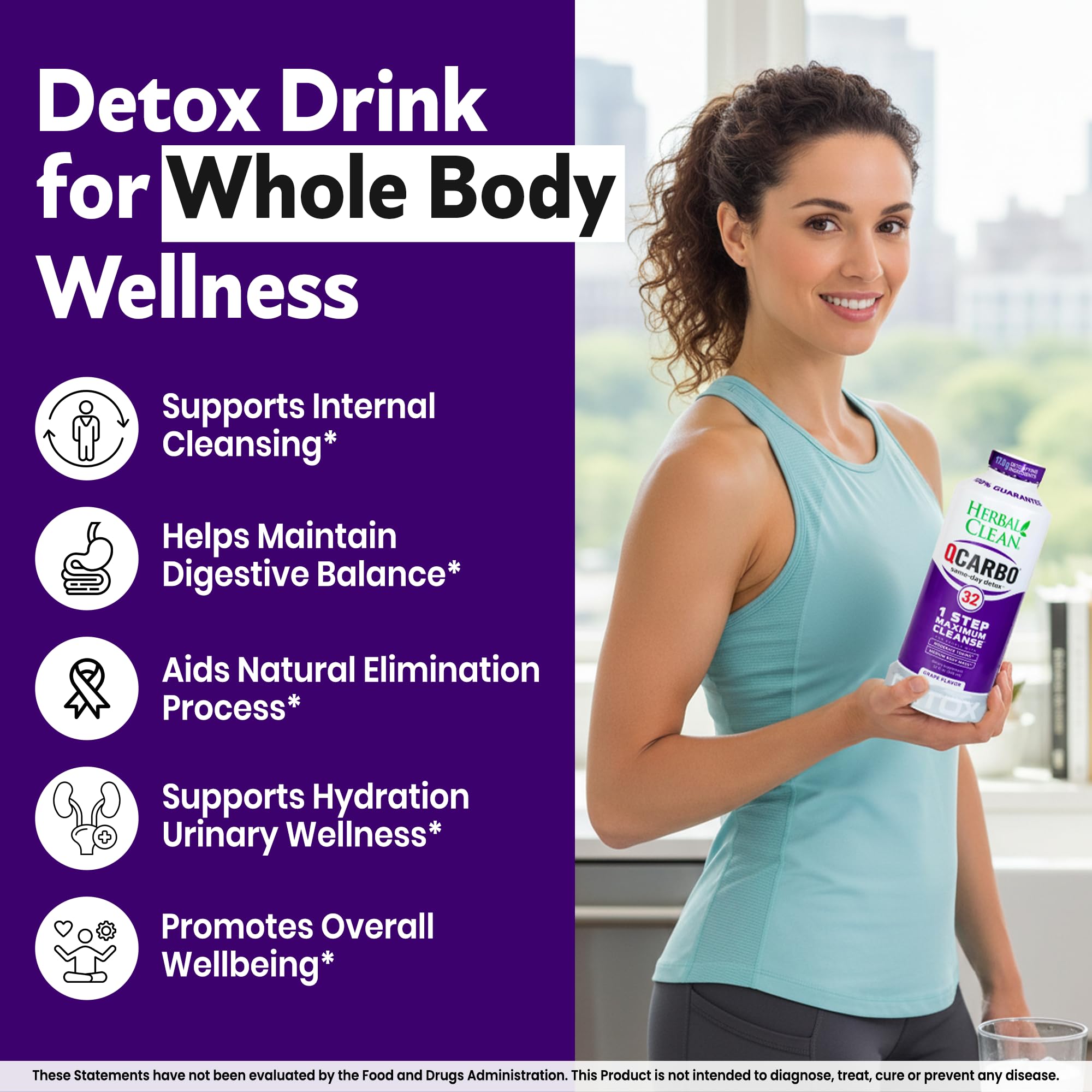 Herbal Clean Qcarbo32 bottle with glass shows hydration-friendly cleansing.