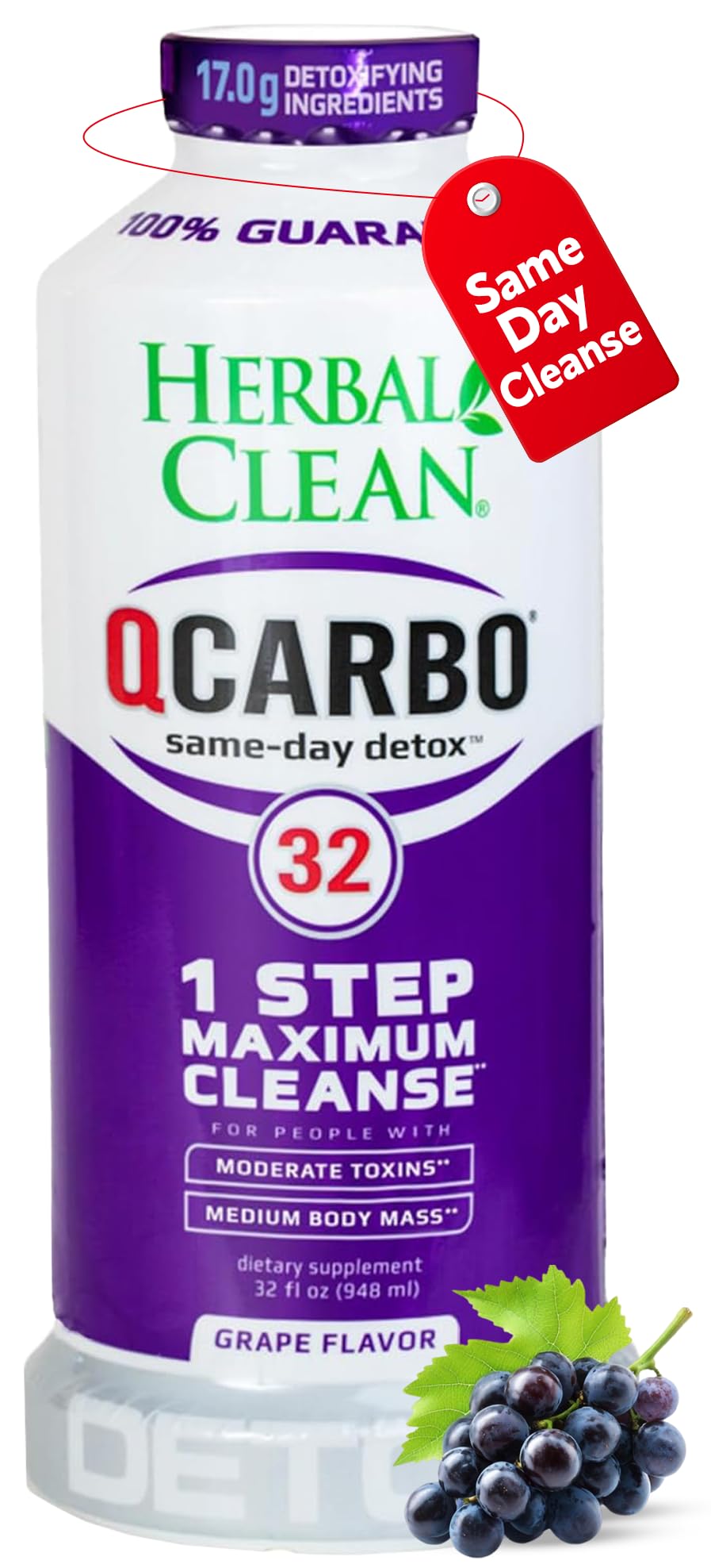 Front view of Herbal Clean Qcarbo32 32 oz detox bottle in grape flavor