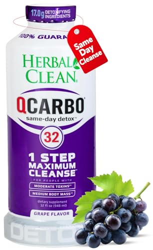 Herbal Clean Qcarbo32 grape bottle front for quick same-day detox support.