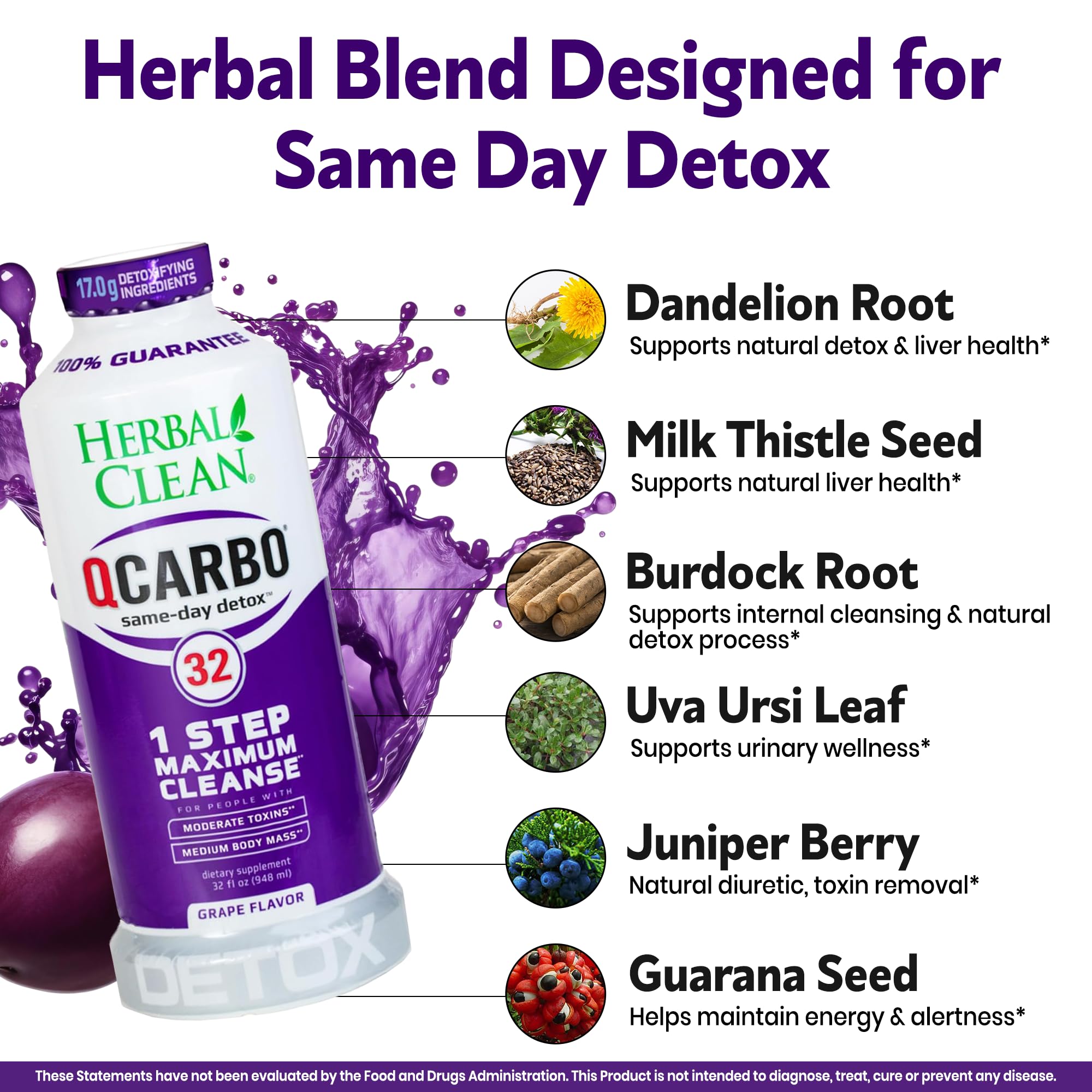 Herbal Clean Qcarbo32 grape bottle label highlights natural herbal formula.