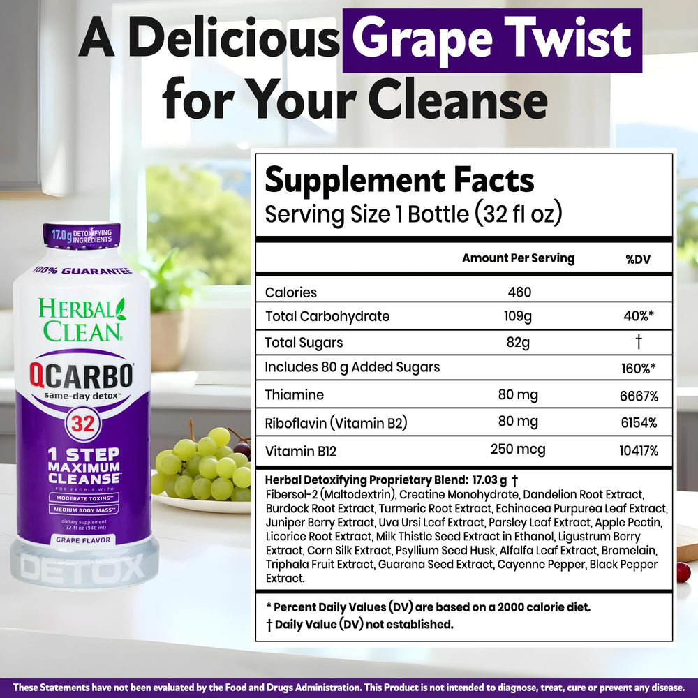 Herbal Clean Qcarbo32 grape bottle pour demonstrates easy-use detox ritual.