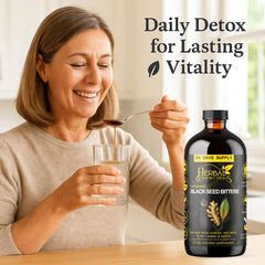 Close-up label on Herbal Connections Black Seed Bitters 64oz bottle