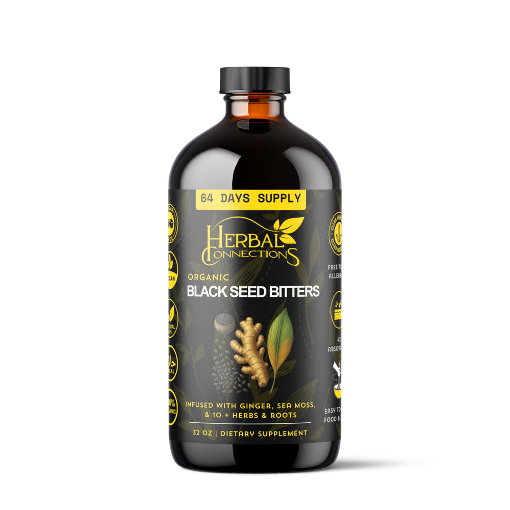 Herbal Connections Black Seed Bitters bottle being poured for digestive support.