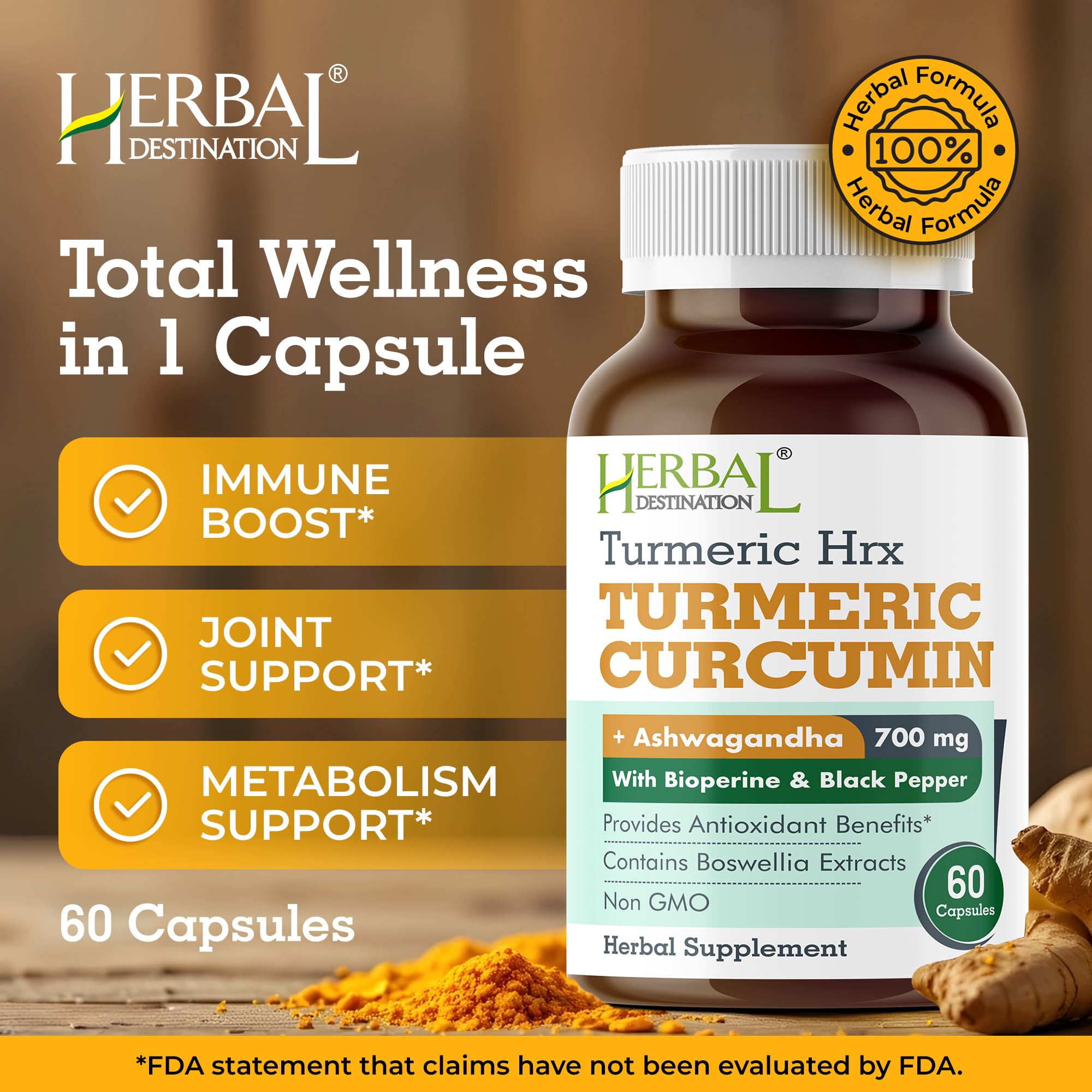 Front and back packaging of Herbal Destination Turmeric Supplement HRX