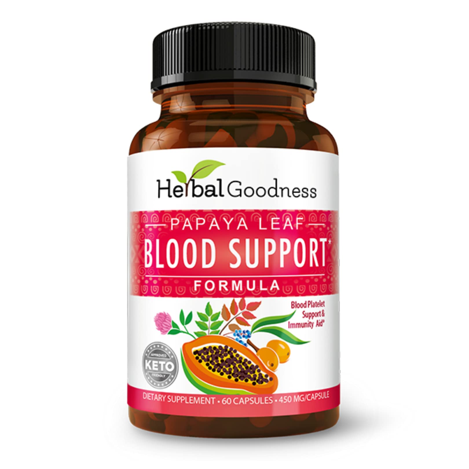 Herbal Goodness Papaya Leaf Blood Support Capsules bottle front view
