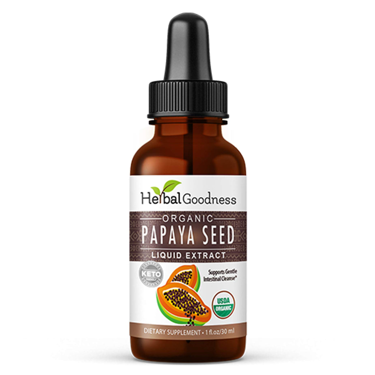 Herbal Goodness Papaya Seeds bottle pour supports digestion and gut wellness.