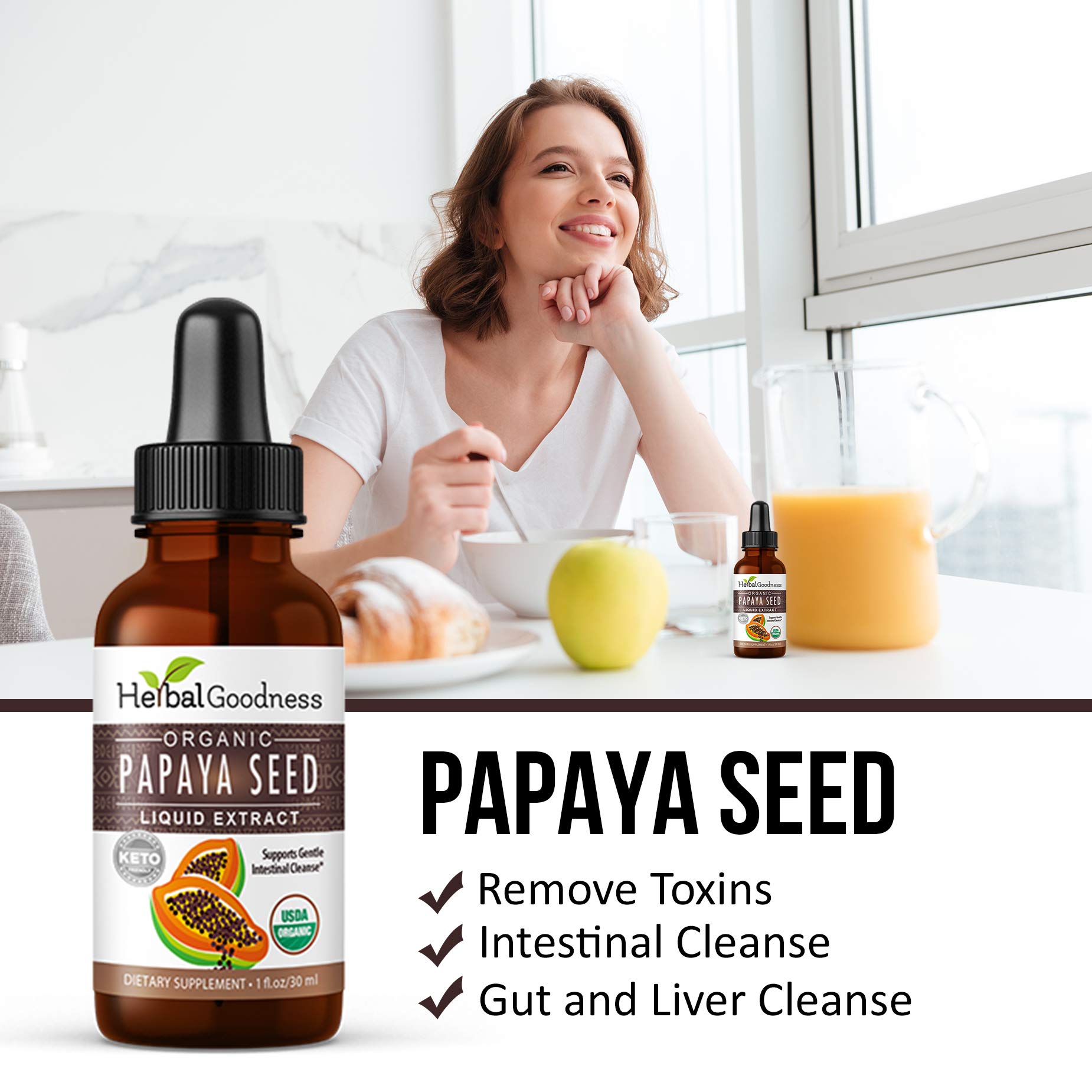 Herbal Goodness Papaya Seeds packaging detail emphasizes quality and antioxidant benefits.